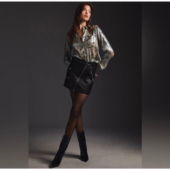 Anthropologie Pilcro Silver and Gray Sequin Button Up Blouse Shirt Sz Large NEW - Picture 2 of 14